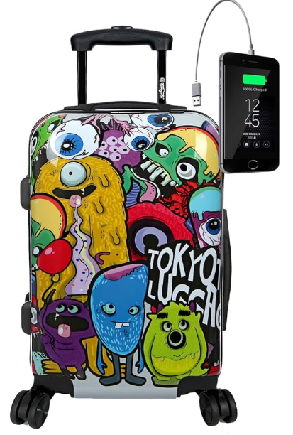 TOKYOTO - Maleta de Cabina Equipaje de Mano Monsters Cargador USB 8000mAh 55x40x20 cm | Maleta Divertida Juvenil Infantil Niños Niñas Trolley Ryanair Easyjet | Maleta de Viaje Rígida Solo Maleta